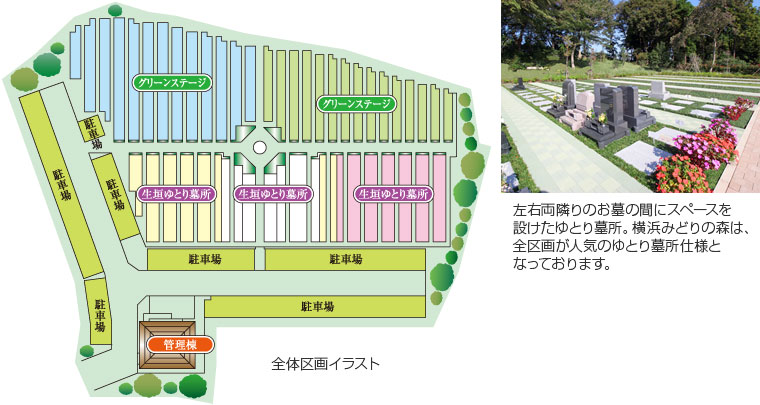 左右両隣りのお墓の間にスペースを設けたゆとり墓所。横浜みどりの森は、全区画が人気のゆとり墓所しようとなっております。